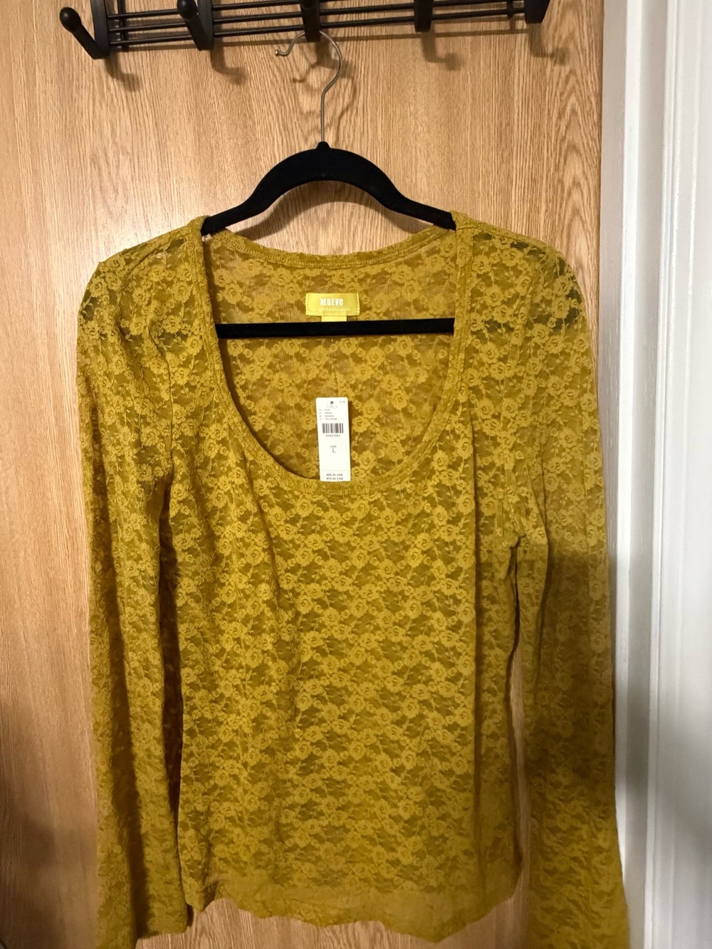 Maeve Mustard Lace Scoop-Neck Long-Sleeve Top
